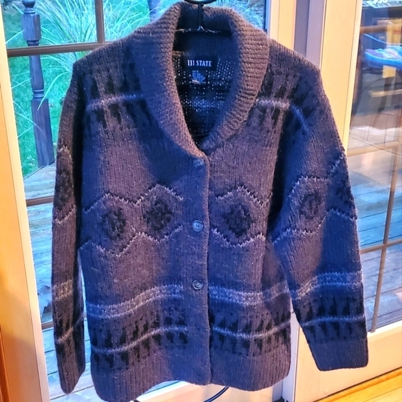 111 State Wool Long Slv Grandpa Collared Grey Aztek Designed Sz. S Cardigan - Picture 1 of 10